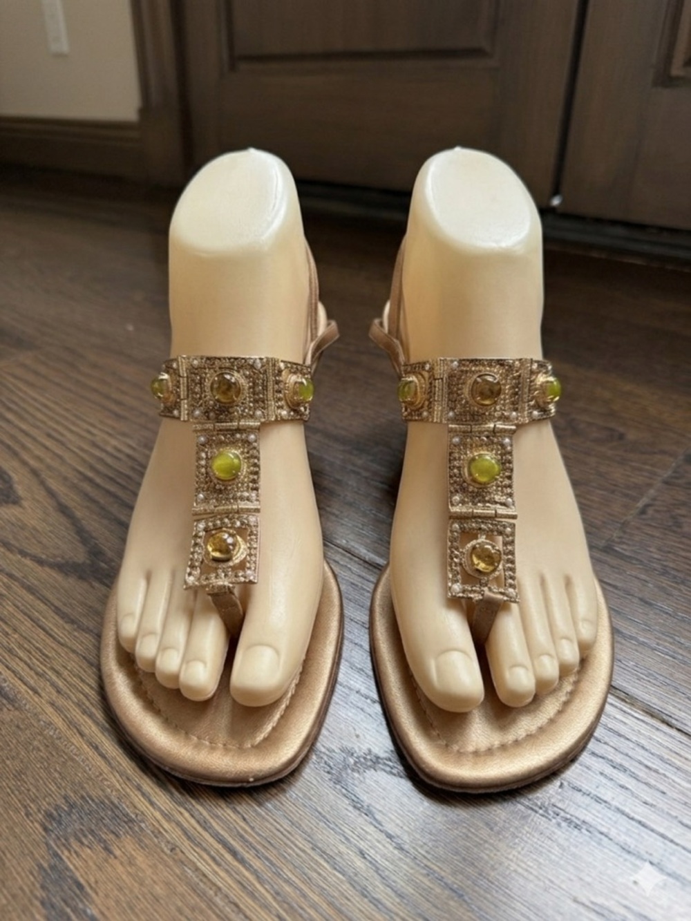 MANOLO BLAHNIK Vintage Archival Bronze/Gold Sandal Heel Green/Yellow Stones 40